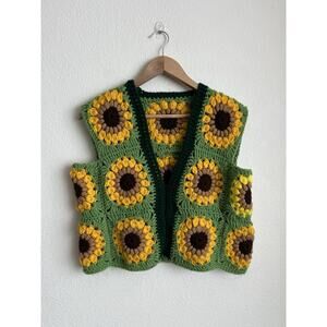 Sunflower Crochet Knit Handmade Vest Green Yellow Size Large